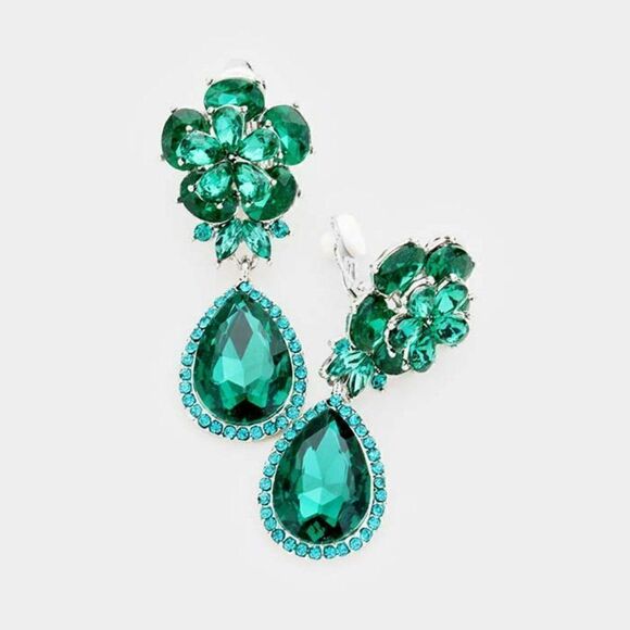 Flower Emerald Green Crystal Teardrop Dangle Clip on Earrings  NWT - Picture 1 of 6